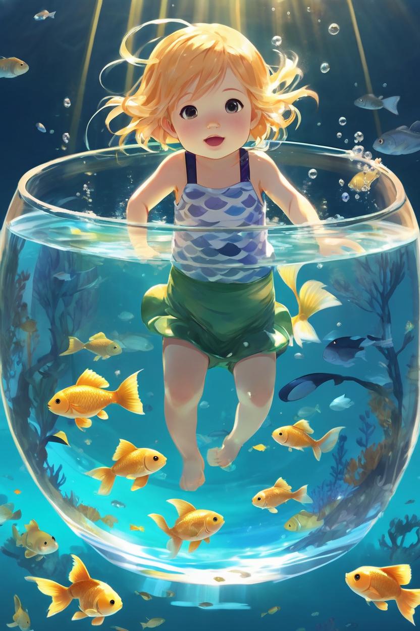 Artificial Intelligence (AI) generated image art, woman, as small anime mermaid toddler swimming in giant human-sized fish bowl, swimming with gold fish, super cute anime style, illustration, anime girl art by makoto shinkai