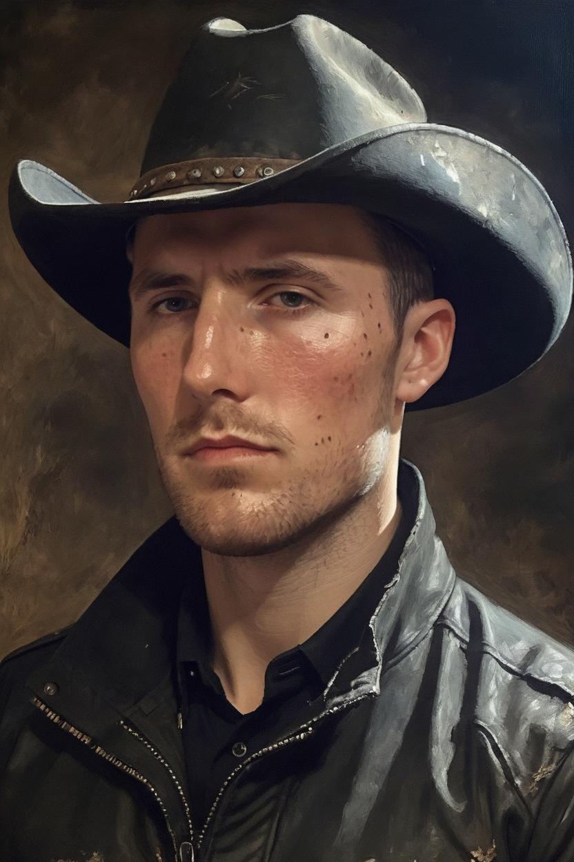 Artificial Intelligence (AI) generated image art, man, dark background, stubble beard, scar across face, rugged cowboy hat face portrait, zdzislaw beksinski, mikhail vrubel, hr giger, gustav klimt, symmetry, mystical occult symbol in real life, high detail