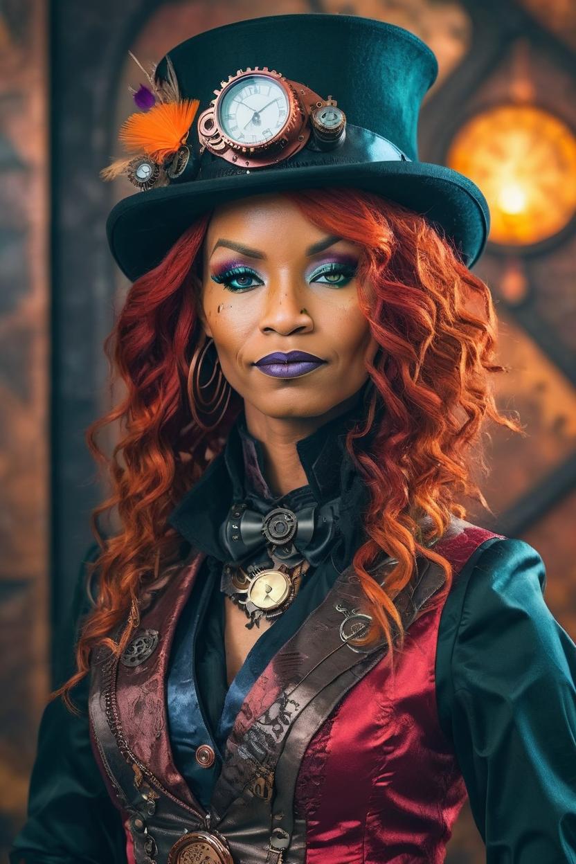 Artificial Intelligence (AI) generated image art, woman, A beautiful redhead female country artist wearing a steampunk-inspired layered gown. She has clean makeup and is captured in vivid colors, embodying the essence of fantasy and a minimalist, fantastical, edgy, and regal themed outfit, with depth of field.