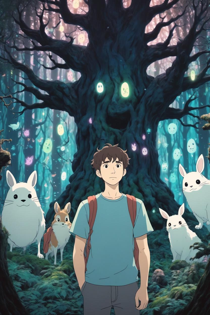 Artificial Intelligence (AI) generated image art, (Studio Ghibli inspired art), (ghibli animation style), portrait of man, in a dark magic forest at a magic tree surrounded by many cute animal ghost spirits, (hand-drawn art by Hayo Miyazaki), hand-drawn aesthetic, pastel tones, mystical, visible brushstrokes, Studio Ghibli inspired animation cartoon style