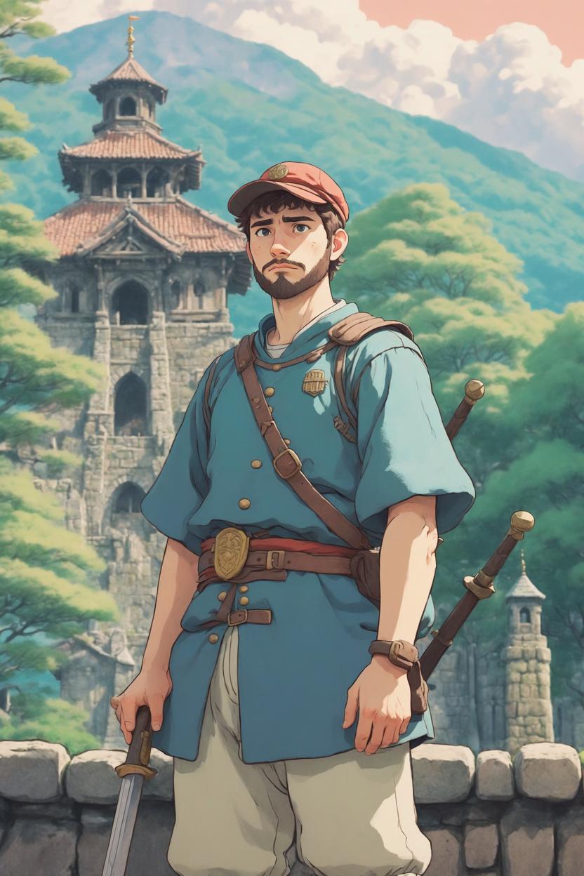 Artificial Intelligence (AI) generated image art, (Studio Ghibli inspired art), (ghibli animation style), portrait of man, as a medieval town guard protecting a temple, (hand-drawn art by Hayo Miyazaki), hand-drawn aesthetic, pastel tones, mystical, visible brushstrokes, Studio Ghibli inspired animation cartoon style