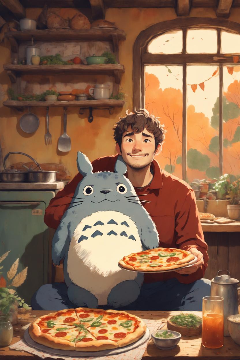 Artificial Intelligence (AI) generated image art, (Studio Ghibli inspired art), ghibli animation style, portrait of man, eating a big pizza with Totoro in an old kitchen, painterly, storybook illustration, (hand-drawn art by Hayo Miyazaki) Studio Ghibli inspired, warm autumn color palette, whimsical and cozy atmosphere, soft lighting, visible brushstrokes, magical cottagecore aesthetic