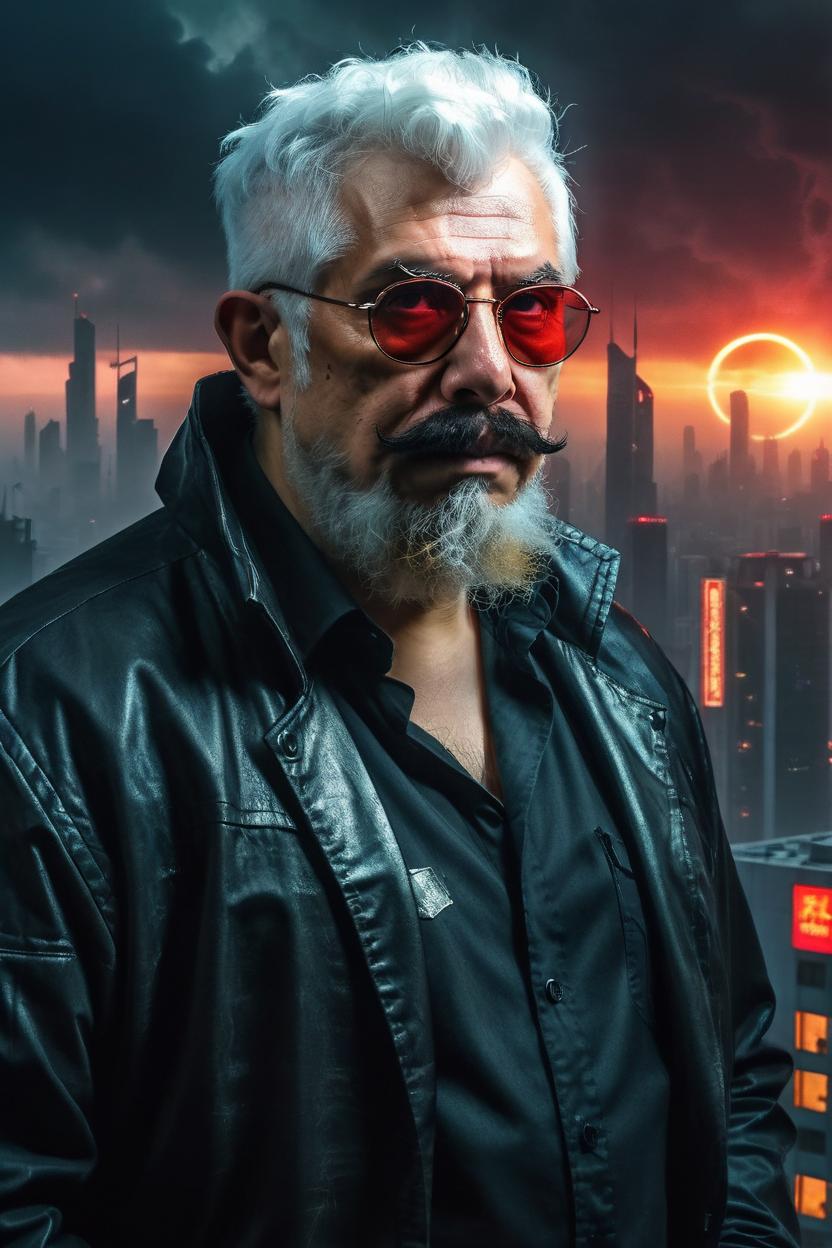 Artificial Intelligence (AI) generated image art, man,looking at a ((cyberpunk megacity built on a cloud)) in the distance, epic, cinematic lighting, portrait, scifi detective colthes, cinematic lighting, red sun white hair, black mustache, medium shot