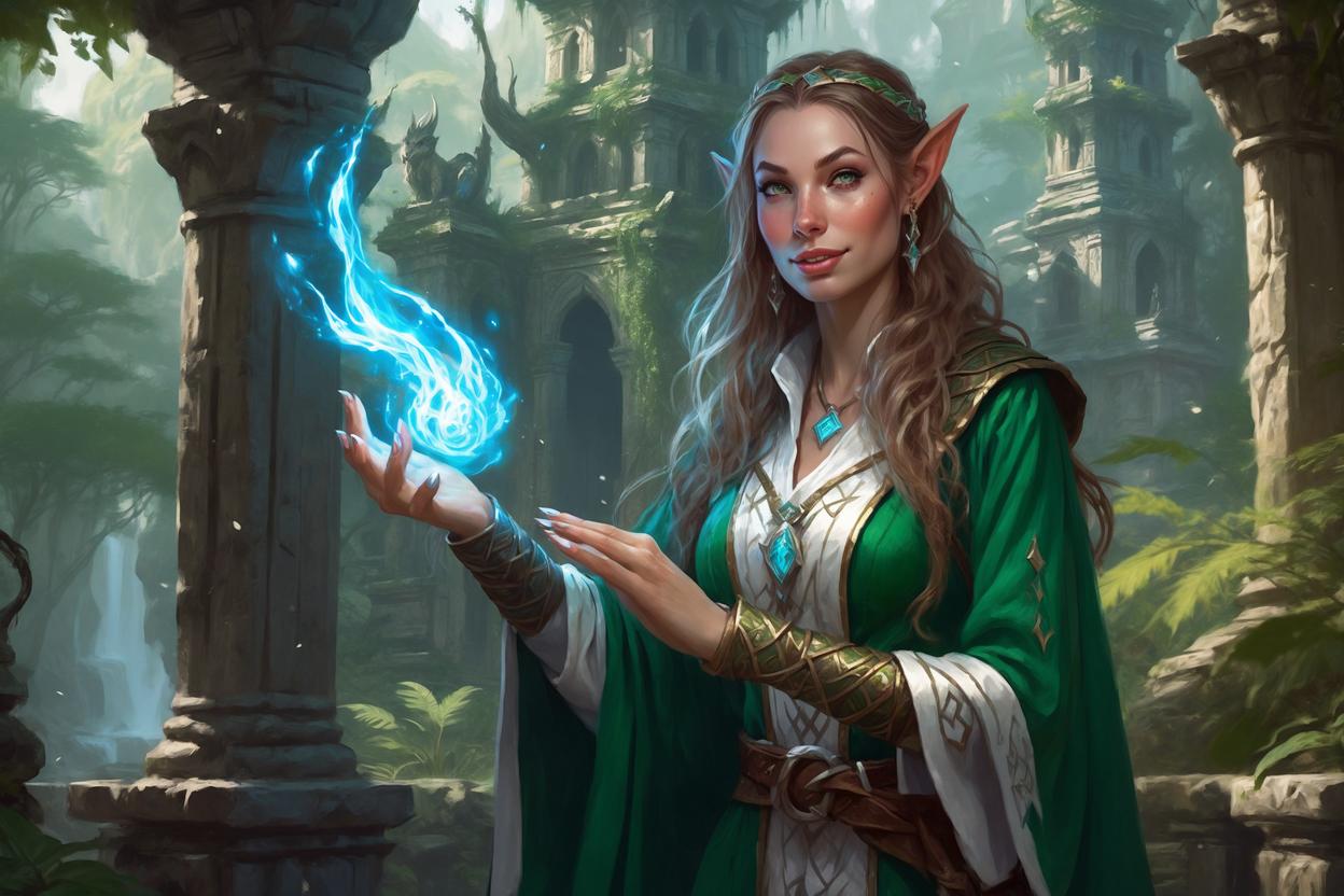 Graceful female elf mage casting a glowing spell in a lush fantasy ruin.