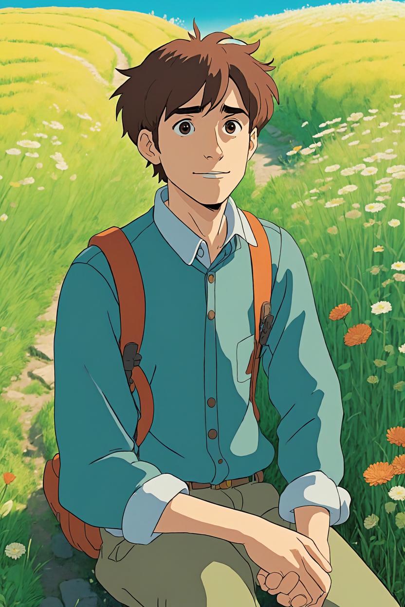 Artificial Intelligence (AI) generated image art, ((((Nausicaa valley of the wind art style)))), (((((((studio ghibli anime artstyle))))))), (((2d ghibli animation))), man man as studio ghibli character, close up portrait, in a field of grass and flowers in a Ghibli animated film, on japanese country-side road, ((style in ghibli animation)), ((ghibli studio anime)), cartoon, illustration, art by Hayao Miyazaki, clean linework, vibrant colors, anime art, simple 2d art, ghibli manga
