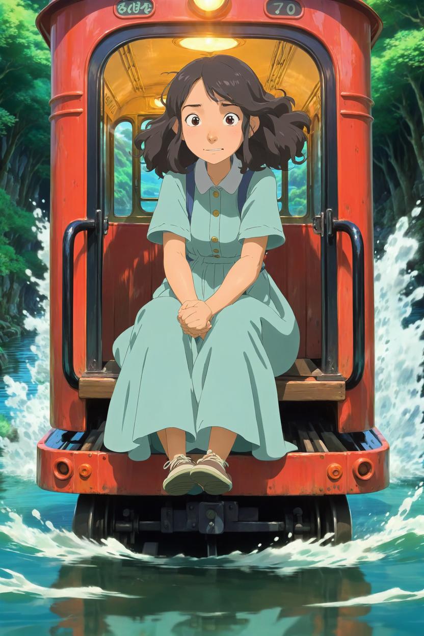 Artificial Intelligence (AI) generated image art, woman, as a studio ghibli character, in the spirit world train, riding in the water, cartoon, illustration, ghibli animation style, spirited away artstyle