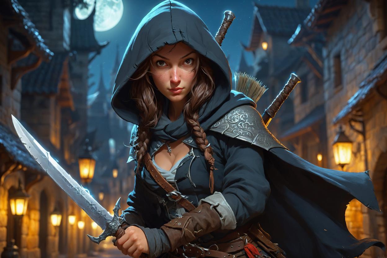 Hooded rogue woman in dark armor with twin swords under the moonlight.