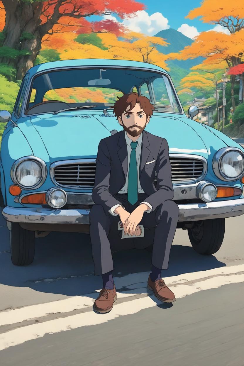 Artificial Intelligence (AI) generated image art, ((((Nausicaa valley of the wind art style)))), (((((((studio ghibli anime artstyle))))))), (((2d ghibli animation))), man as studio ghibli character Lupin the third, medium portrait, in a suit with tie, sitting cramped in a old timey car in a Ghibli animated film, on japanese country-side road, ((style in ghibli animation)), ((ghibli studio anime)), art by Hayao Miyazaki, clean linework, vibrant colors, anime art, simple 2d art, ghibli manga