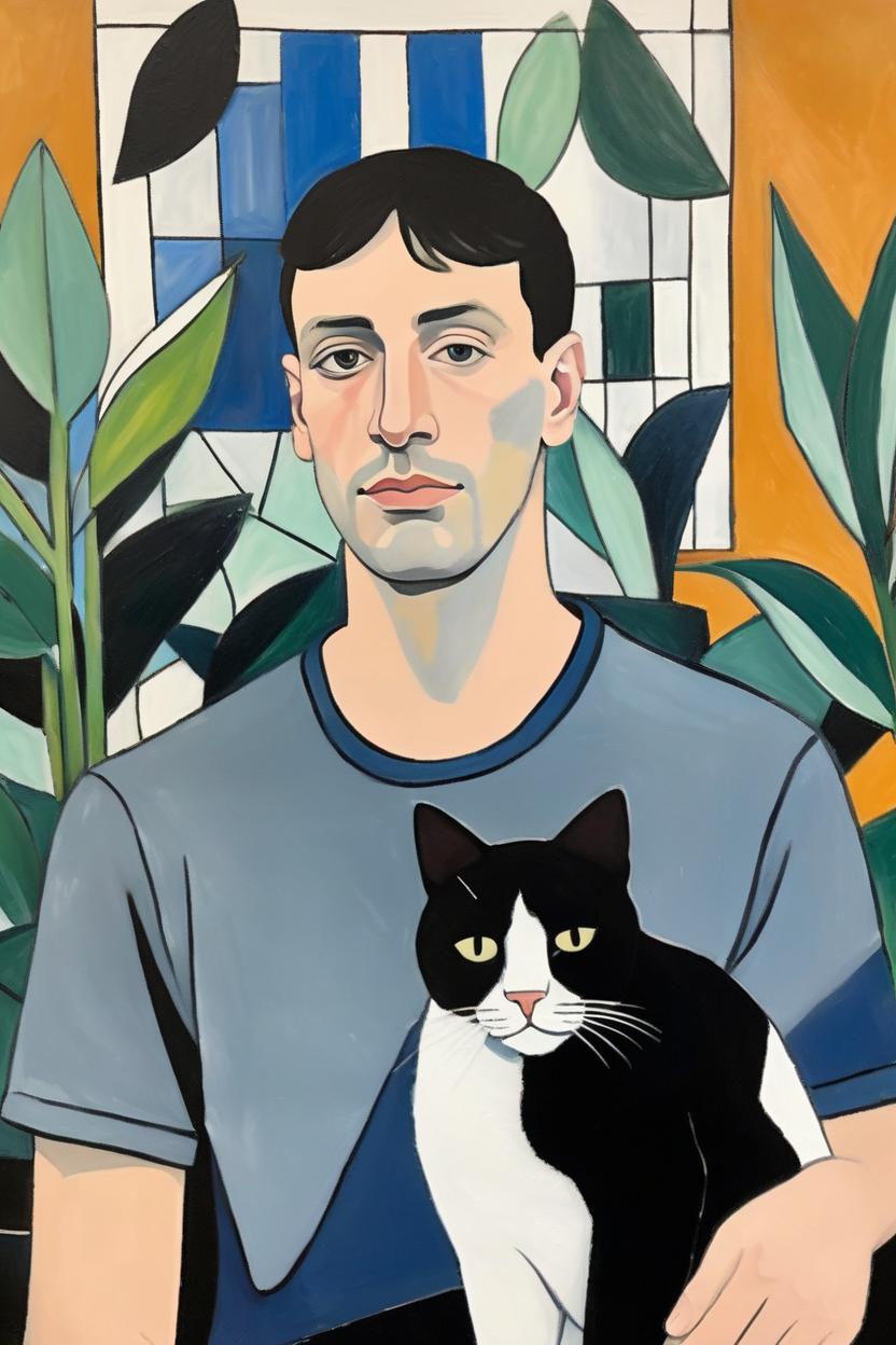 Artificial Intelligence (AI) generated image art, ((man)), Pablo Picasso style painting, of ((man)) with a (black and white) cat and houseplants