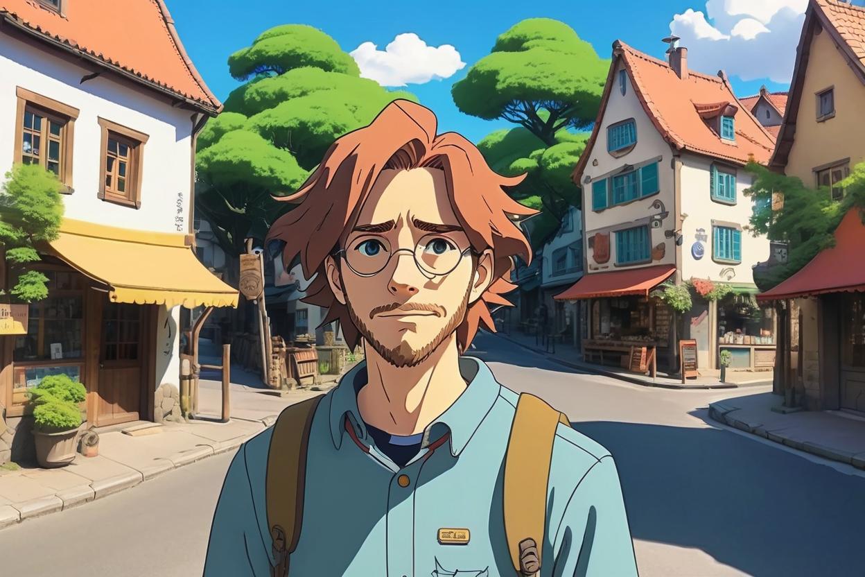 Artificial Intelligence (AI) generated image art, ((((Howls moving castle art style)))), (((((((studio ghibli anime artstyle))))))), (((2d ghibli animation))), man man as studio ghibli character, medium portrait, in a western german town street in a Ghibli animated film, ((style in ghibli animation)), ((ghibli studio anime)), cartoon, illustration, art by Hayao Miyazaki, clean linework, vibrant colors, anime art, simple 2d art, ghibli manga