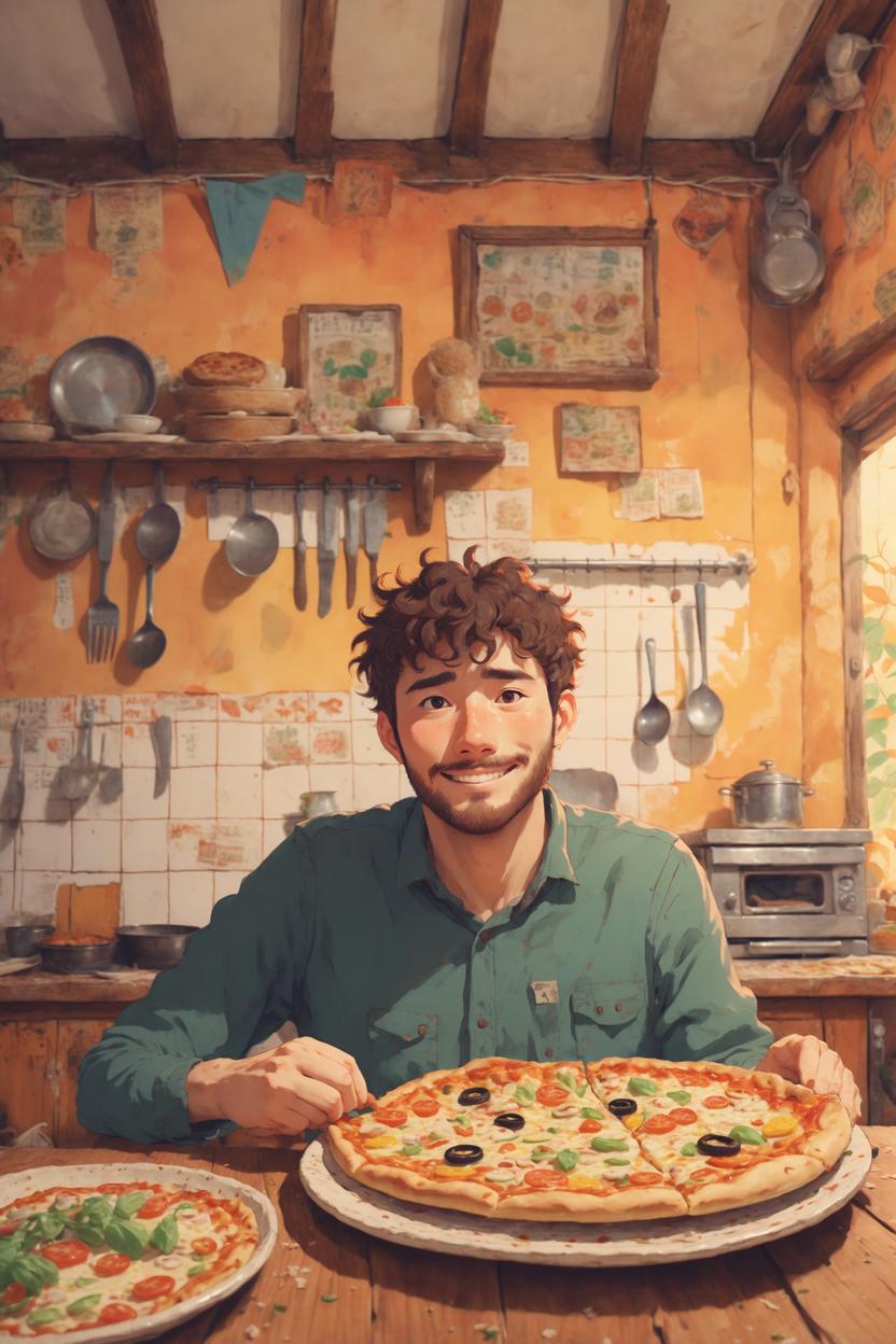 Artificial Intelligence (AI) generated image art, (Studio Ghibli inspired art), (ghibli animation style), portrait of man, eating an enormous pizza with Totora in an old kitchen, happy, (hand-drawn art by Hayo Miyazaki), hand-drawn aesthetic, warm pastel tones, mystical, warm autumn color palette, whimsical and cozy atmosphere, visible brushstrokes, Studio Ghibli inspired,