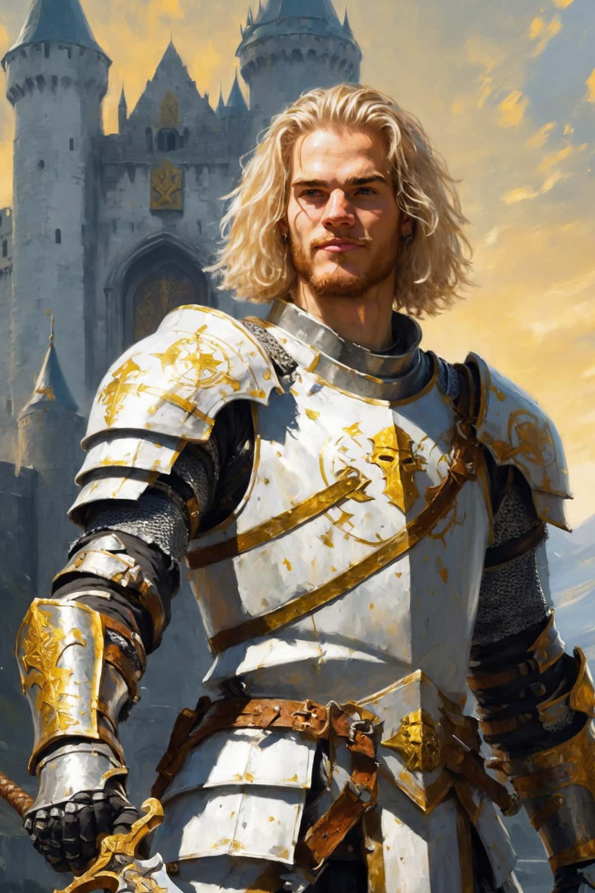 Heroic fantasy knight with long blond hair and ornate armor, golden sunlight on a stone castle backdrop.