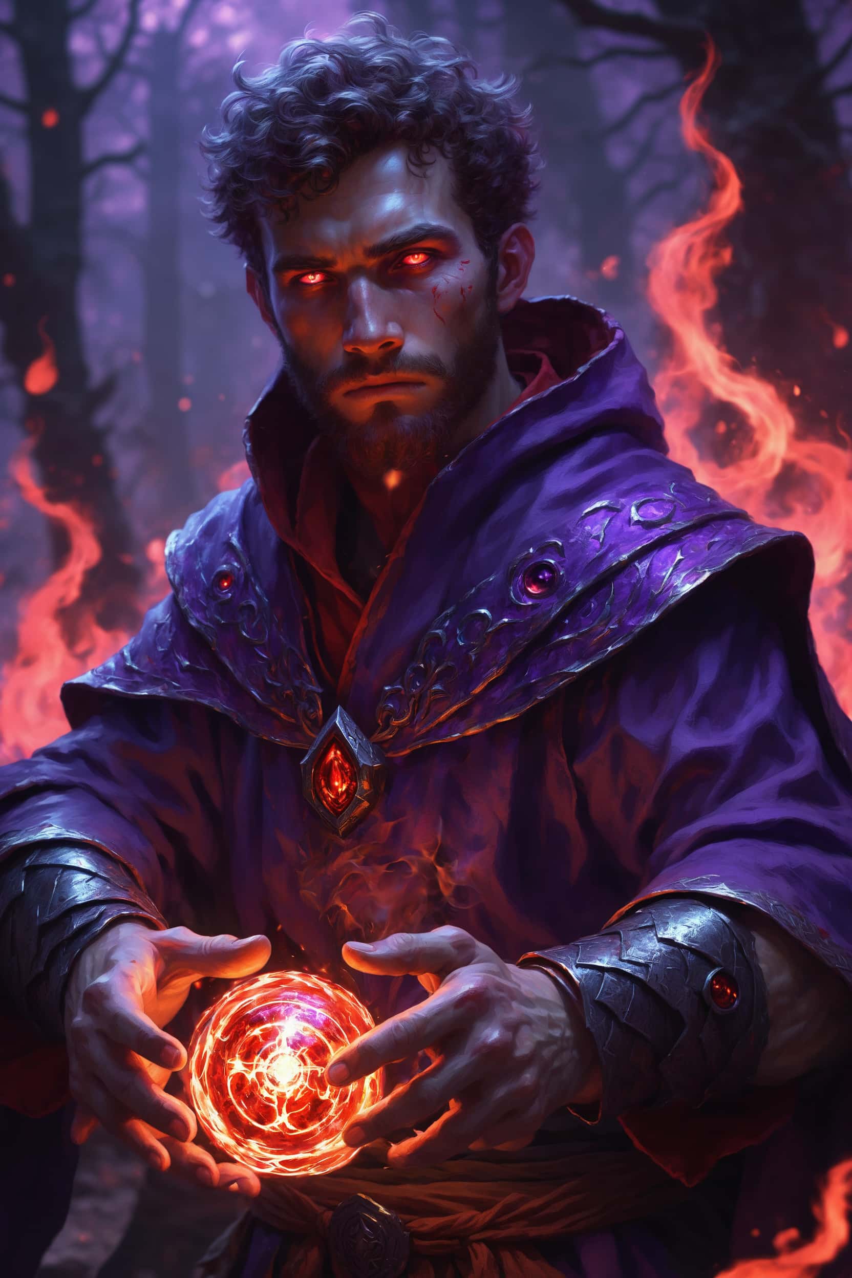 Dark sorcerer with intense gaze holding a fiery orb, surrounded by purple embers in a mystical woodland.