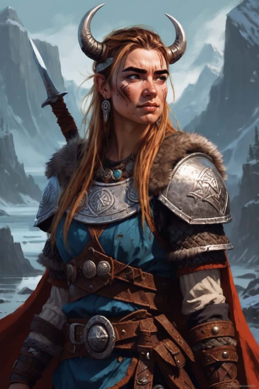 AI fantasy portrait of a Viking heroine with horned helmet and detailed armor, ready for adventure.
