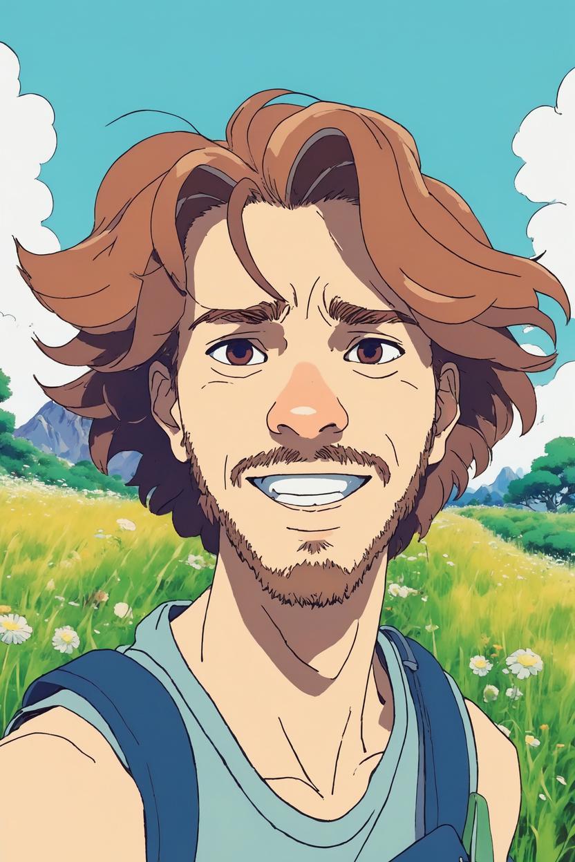 Artificial Intelligence (AI) generated image art, ((((Nausicaa valley of the wind art style)))), (((((((studio ghibli anime artstyle))))))), (((2d ghibli animation))), man man as studio ghibli character, close up portrait, in a field of grass and flowers in a Ghibli animated film, on japanese country-side road, ((style in ghibli animation)), ((ghibli studio anime)), cartoon, illustration, art by Hayao Miyazaki, clean linework, vibrant colors, anime art, simple 2d art, ghibli manga
