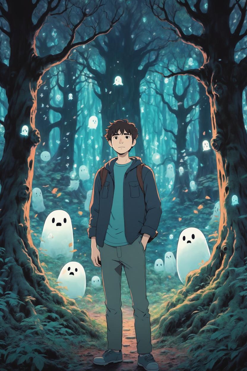 Artificial Intelligence (AI) generated image art, (Studio Ghibli inspired art), (ghibli animation style), portrait of man, in a dark magic forest at a magic tree surrounded by many cute ghost spirits, (hand-drawn art by Hayo Miyazaki), hand-drawn aesthetic, pastel tones, mystical, visible brushstrokes, Studio Ghibli inspired animation cartoon style