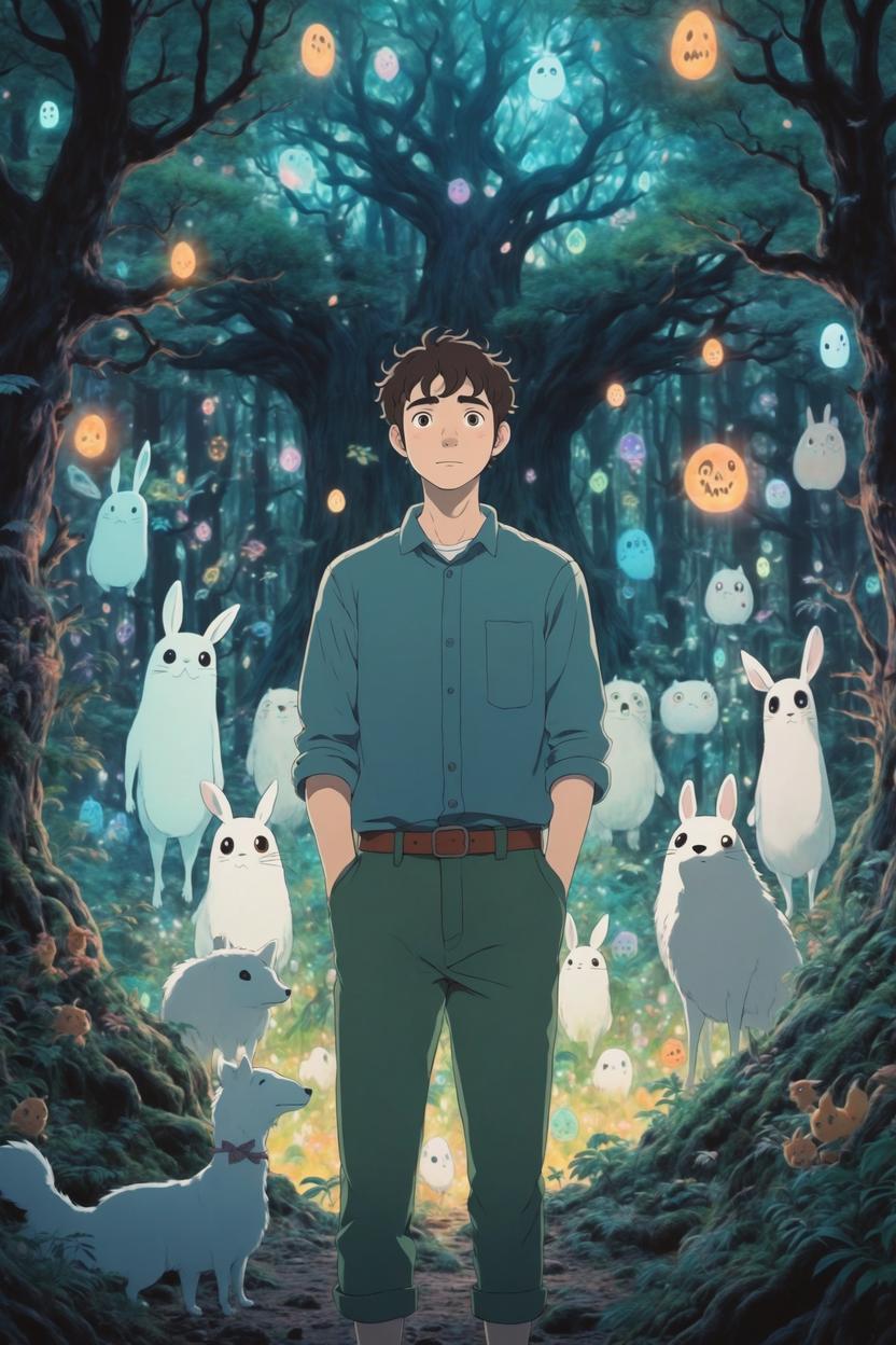 Artificial Intelligence (AI) generated image art, (Studio Ghibli inspired art), (ghibli animation style), portrait of man, in a dark magic forest at a magic tree surrounded by many cute animal ghost spirits, (hand-drawn art by Hayo Miyazaki), hand-drawn aesthetic, pastel tones, mystical, visible brushstrokes, Studio Ghibli inspired animation cartoon style