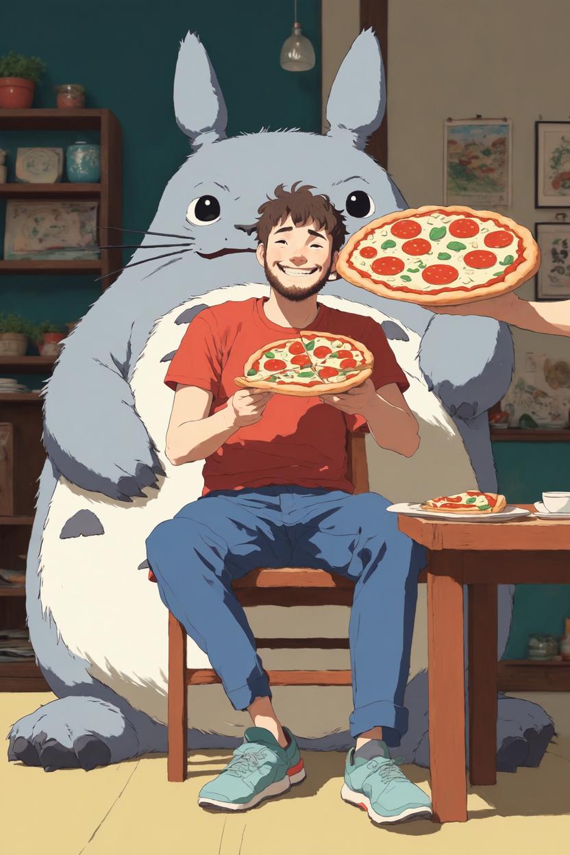 Artificial Intelligence (AI) generated image art, (Studio Ghibli inspired art), (hand-drawn art by Hayo Miyazaki), ghibli animation style, portrait of tiny man man, eating a big pizza with Totoro sitting and eating it, smiling with joy