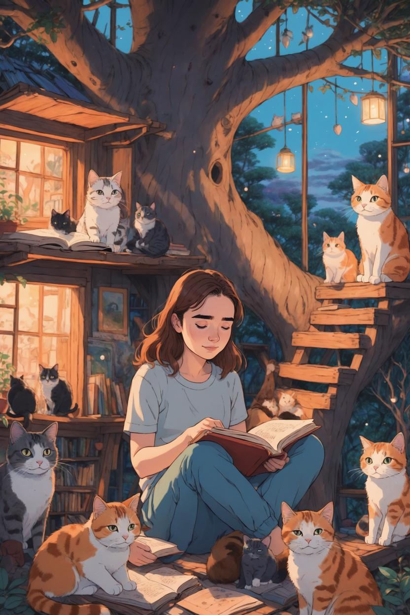 Artificial Intelligence (AI) generated image art, (Studio Ghibli inspired art), (ghibli animation style), portrait of woman, reading on the ground in a very cozy tree house with many cats around her, (hand-drawn art by Hayo Miyazaki), hand-drawn aesthetic, pastel tones, mystical, visible brushstrokes, Studio Ghibli inspired animation cartoon style