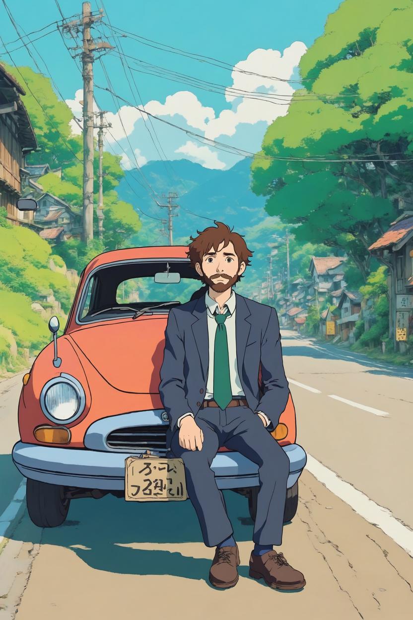 Artificial Intelligence (AI) generated image art, ((((Nausicaa valley of the wind art style)))), (((((((studio ghibli anime artstyle))))))), (((2d ghibli animation))), man as studio ghibli character Lupin the third, medium portrait, in a suit with tie, sitting cramped in a old timey car in a Ghibli animated film, on japanese country-side road, ((style in ghibli animation)), ((ghibli studio anime)), cartoon, illustration, art by Hayao Miyazaki, clean linework, vibrant colors, anime art, simple 2d art, ghibli manga