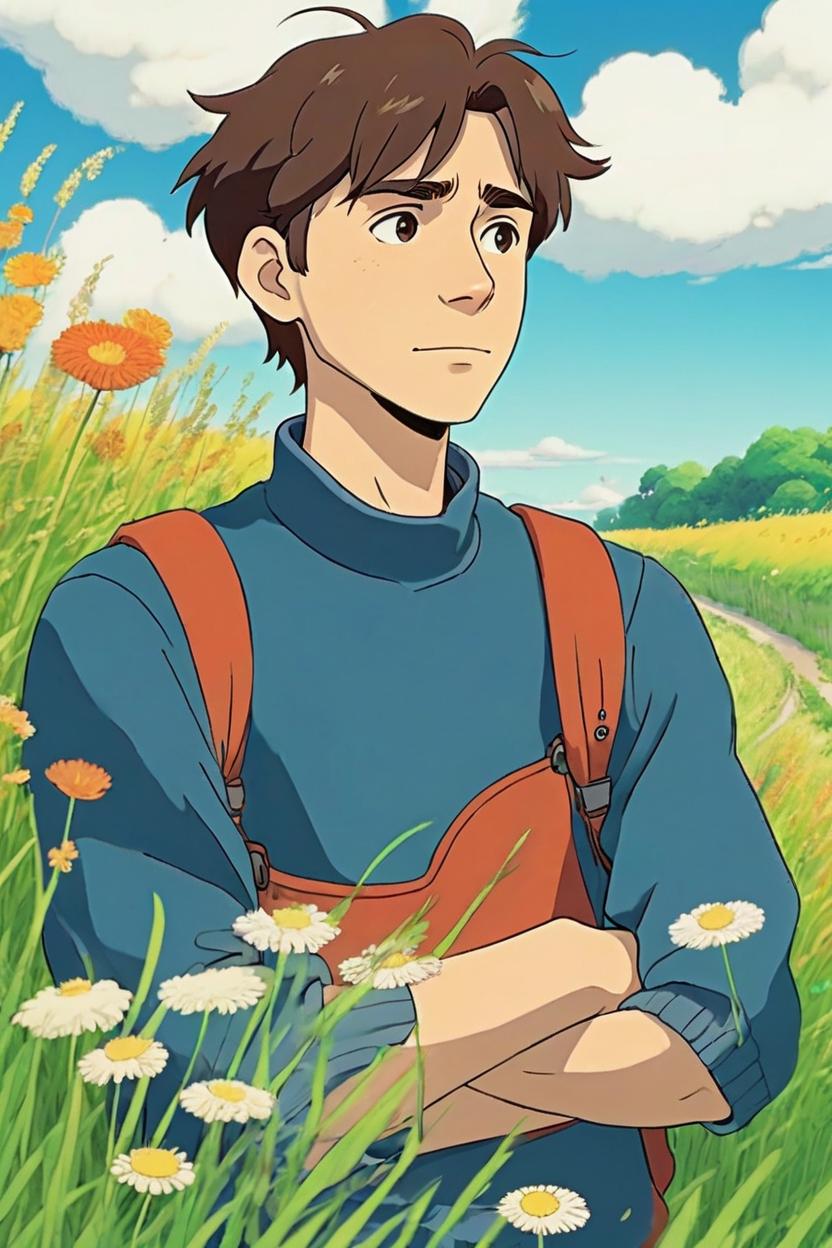 Artificial Intelligence (AI) generated image art, ((((Nausicaa valley of the wind art style)))), (((((((studio ghibli anime artstyle))))))), (((2d ghibli animation))), man man as studio ghibli character, close up portrait, in a field of grass and flowers in a Ghibli animated film, on japanese country-side road, ((style in ghibli animation)), ((ghibli studio anime)), cartoon, illustration, art by Hayao Miyazaki, clean linework, vibrant colors, anime art, simple 2d art, ghibli manga