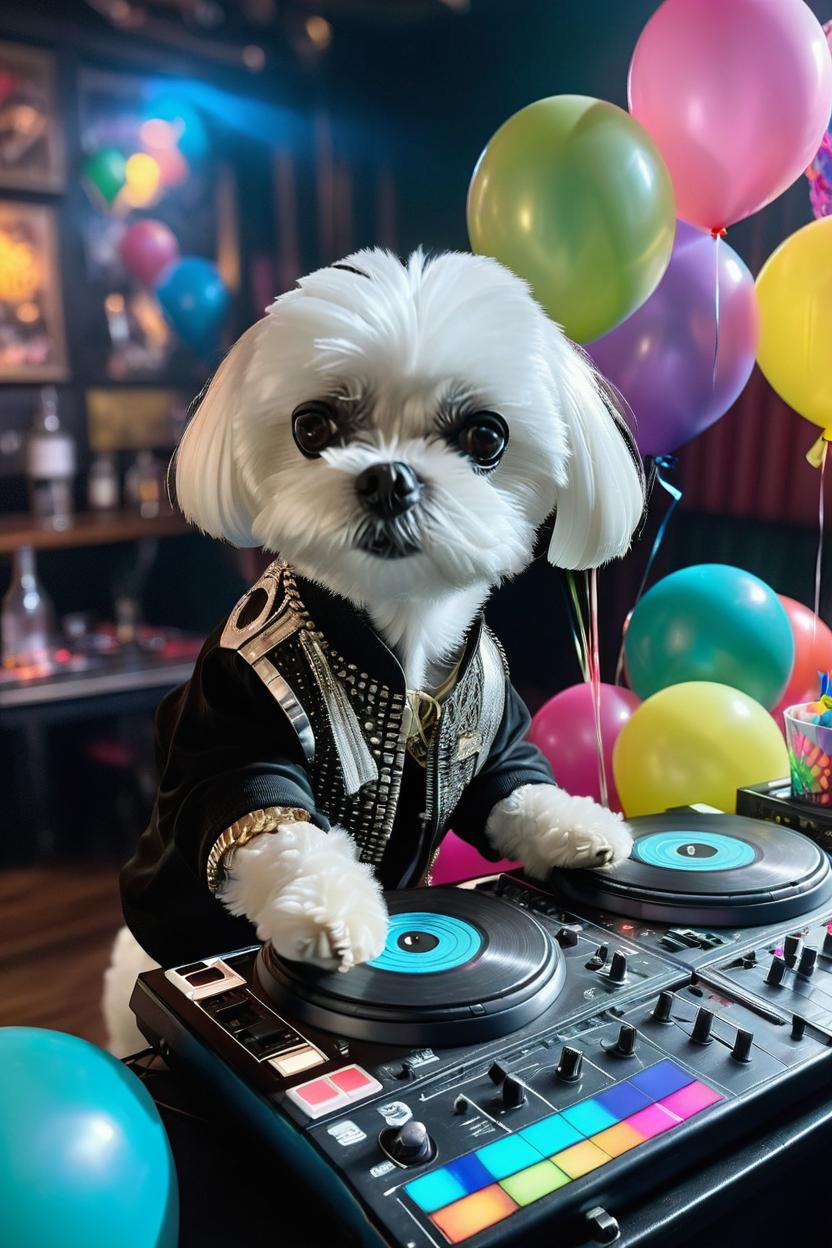Chien mignon en DJ à une fête d'anniversaire, avec ballons, scène colorée et ludique.