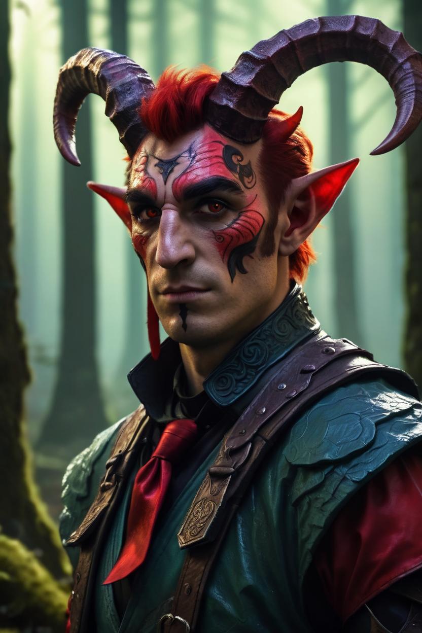 Artificial Intelligence (AI) generated image art, man, (art by Greg Rutkowski), fantasy tiefling, (two horns), red skin, ((fantasy tiefling)), dnd art, (art by Greg Rutkowski), highly detailed, sharp focus, 4k, ((in a forest)), (((magic glow)))