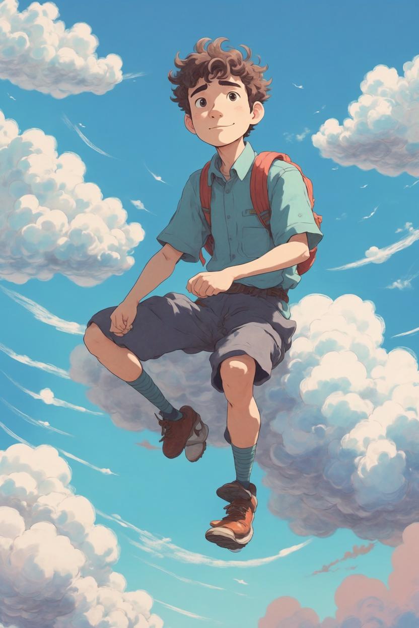 Artificial Intelligence (AI) generated image art, (Studio Ghibli inspired art), (ghibli animation style), portrait of man, riding a small cloud high in the sky, (hand-drawn art by Hayo Miyazaki), hand-drawn aesthetic, pastel tones, mystical, visible brushstrokes, Studio Ghibli inspired