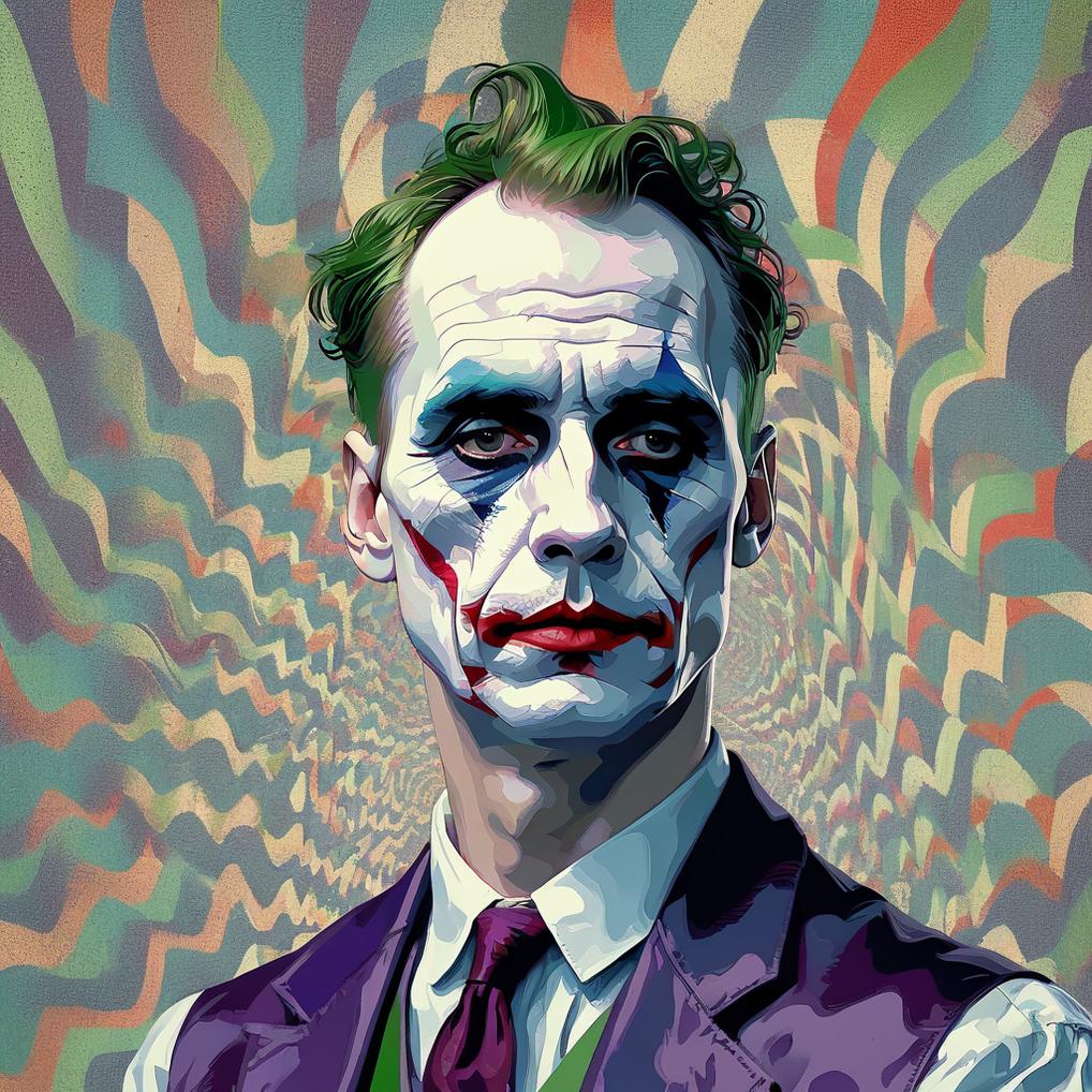 Artificial Intelligence (AI) generated image art, man as the Joker, mental breakdown, intricate, elegant, wavy, zig zag, jagged, varnished, rgb crt scanlines, highly detailed, smooth, sharp focus, award - winning, masterpiece, in the style of tom bagshaw, cedric peyravernay, peter mohrbacher,