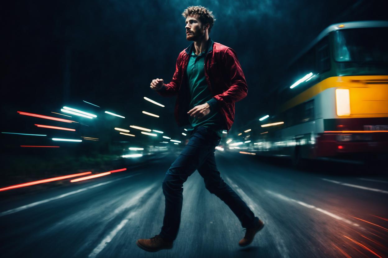 Artificial Intelligence (AI) generated image art, man, photography, movement, (long exposure motion blur), dark moody, cinematic lighting, vibrant colors