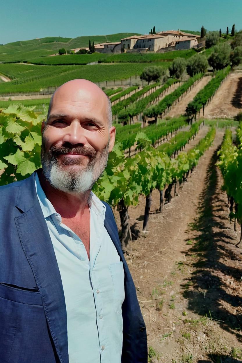 Artificial Intelligence (AI) generated image art, man, full body, portrait, in vineyard in Tuscany, Shot on Hasselblad H6D-400c lens, copy Sisley Spring Summer 2024 campaign session, ultra high definition, ultra-realism, ultra realistic, middle-aged, handsome, gentleman