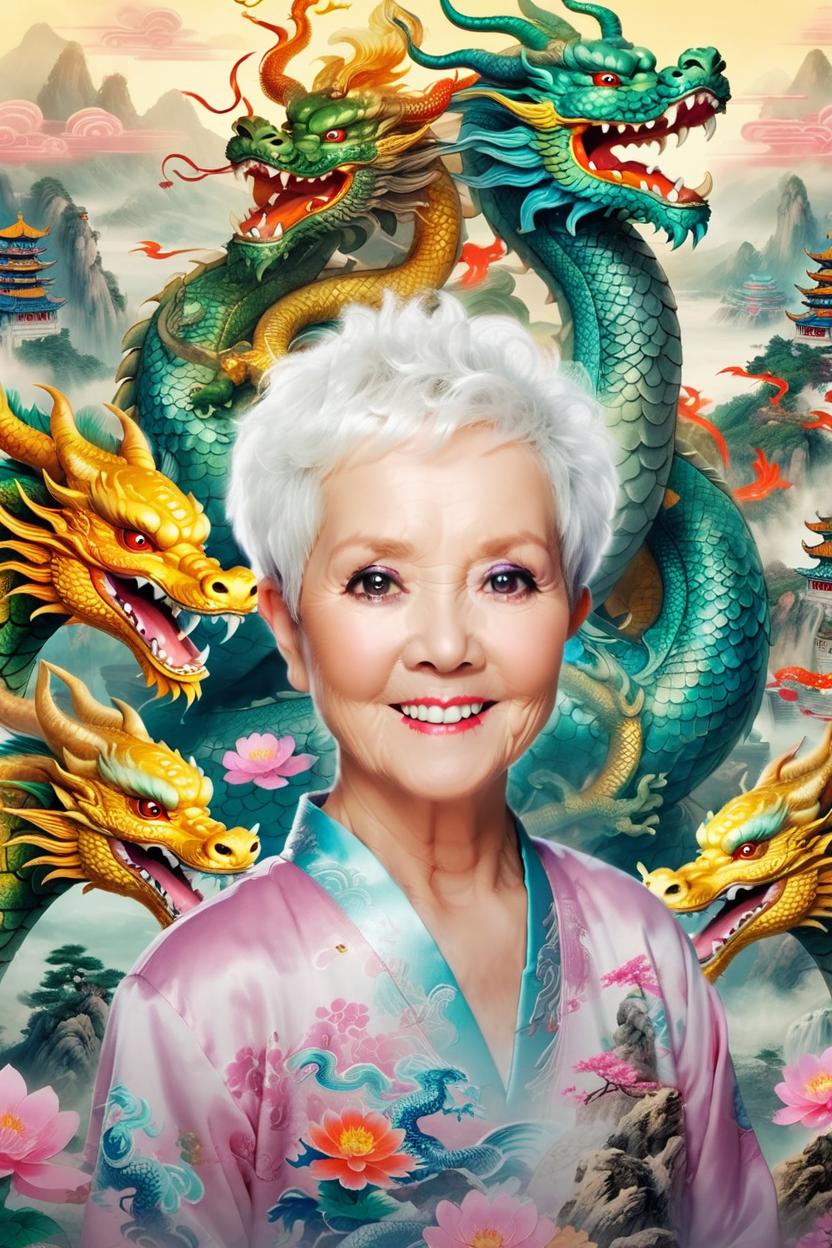 Artificial Intelligence (AI) generated image art, woman, short haired, no old woman style, surrounded by beautyful, chinese dragons