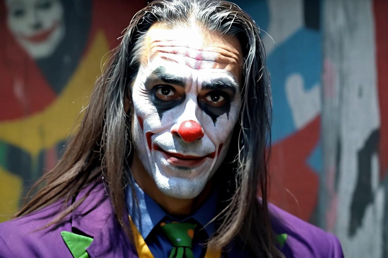 Artificial Intelligence (AI) generated image art, man, as a clown with long hair and a painted face, dressed like the Joker without a smile, ultrarealistic, 4k resolution, fine details, cinematic lighting, half body, utopian background