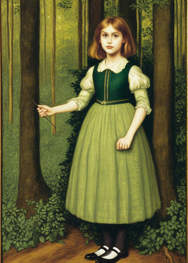 Artificial Intelligence (AI) generated image art, person as an oil painting by Dante Gabriel Rossetti, full body, in a forest, highly detailed, vivid colours, she is 9 years old, pale yellow dress, short sandy blonde hair, innocent looking, curious, cute, lively forest behind her