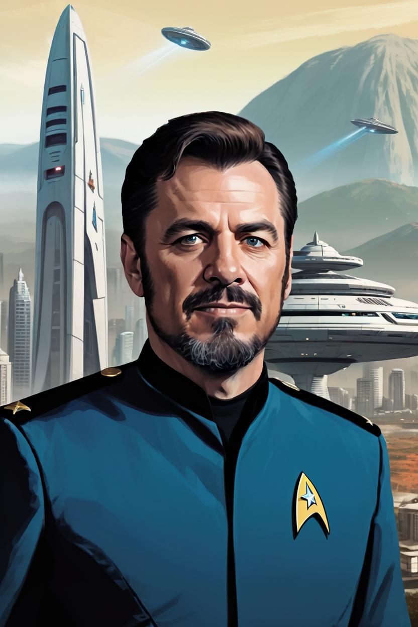 Artificial Intelligence (AI) generated image art, man, handsome ((Starfleet officer)), star trek, next generation, portrait, scifi city landscape, illustration.
