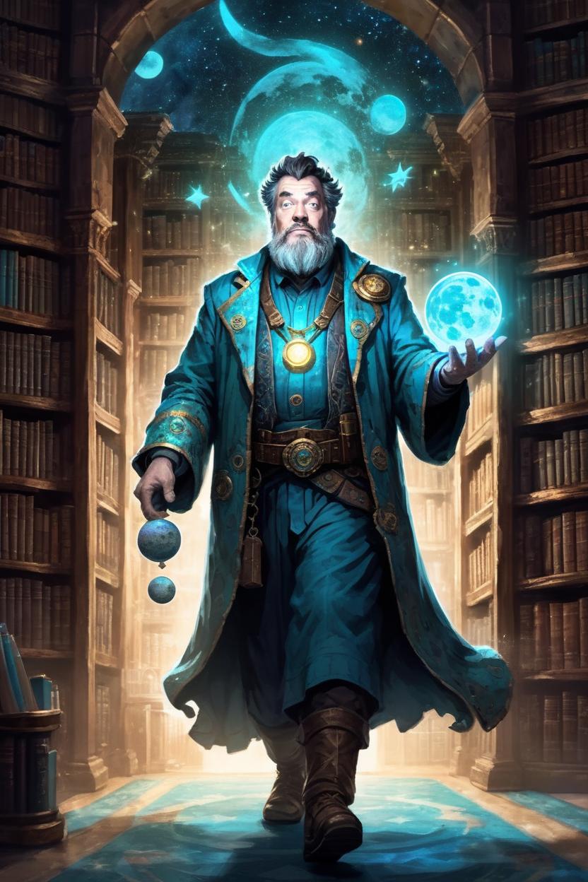 Artificial Intelligence (AI) generated image art, a stunning interpretation of magedude as a fantasy wizard who runs everything in an ancient tower library with two moons and stars