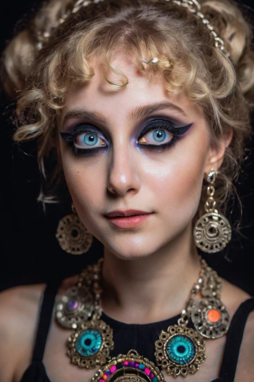Artificial Intelligence (AI) generated image art, woman, young, 21, cute girl, big eyes, feminine, blonde hair, intricate detail, wide angle, ultra detailed, instagram model, 4k, black background, model makeup, abstract makeup, eyeliner, ring light, bare shoulders, colorful makeup, portrait