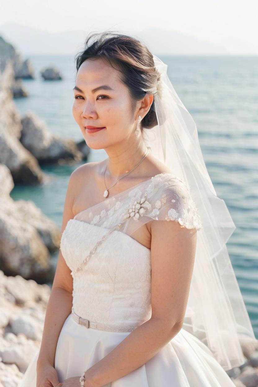 Artificial Intelligence (AI) generated image art, woman2, film portrait, faded ((Italian coast background)), wedding dress minimalist but chic Dior ,