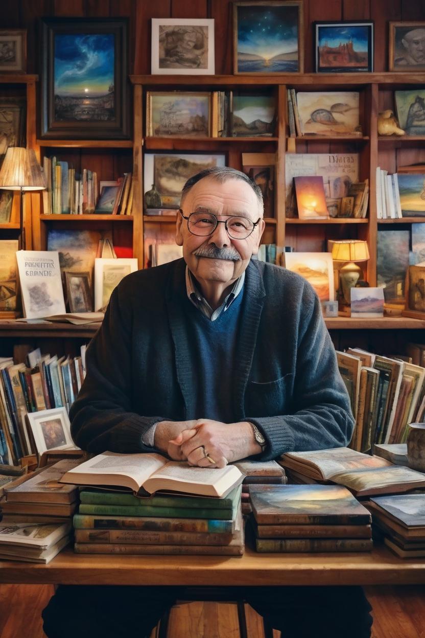 Artificial Intelligence (AI) generated image art, Craft a photo-realistic image true to image, of man in a cozy, artistic indoor setting, surrounded by books and paintings.
