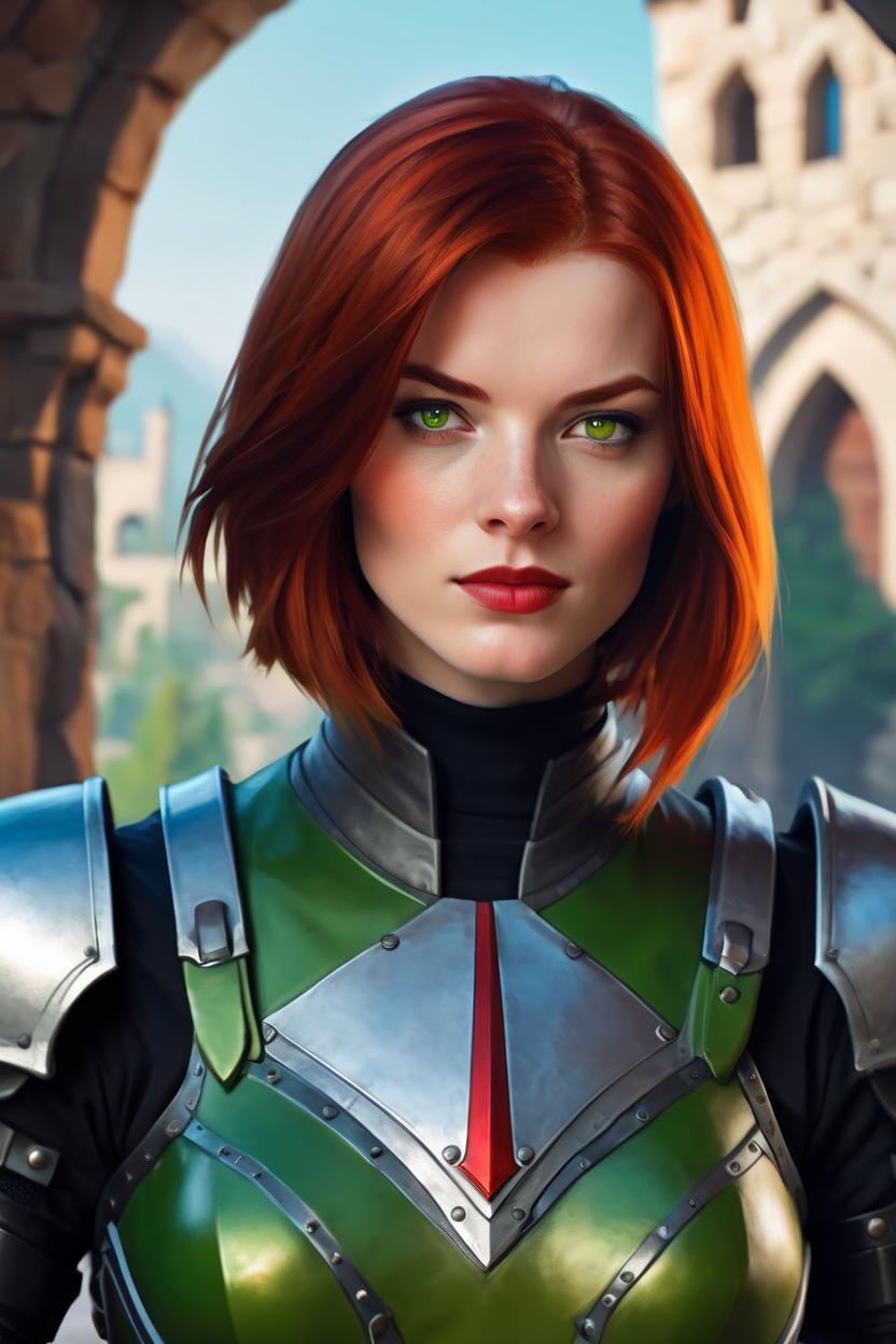 Artificial Intelligence (AI) generated image art, woman, Baldur's Gate official portrait, airbrush style, illustration, character, fantasy_character, 1024x768, close up portrait, asymmetrical, rpg portrait by Justin sweet, colourful abstract background, female, beautiful, seductive make up, red lips, green eyes, auburn red hair, bob haircut, paladin, plate armour, tilted head, abstract background of castle, commanding expression, attractive, masterpiece, highest quality