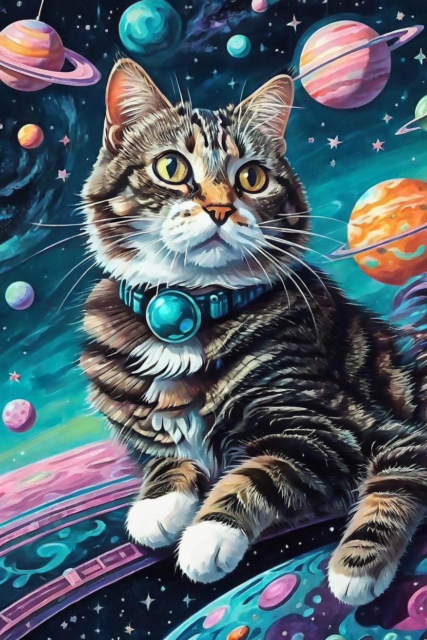Artificial Intelligence (AI) generated image art, cat ((landscape)), floating whimsically in outer space, art deco, illustration, sweet, beautiful