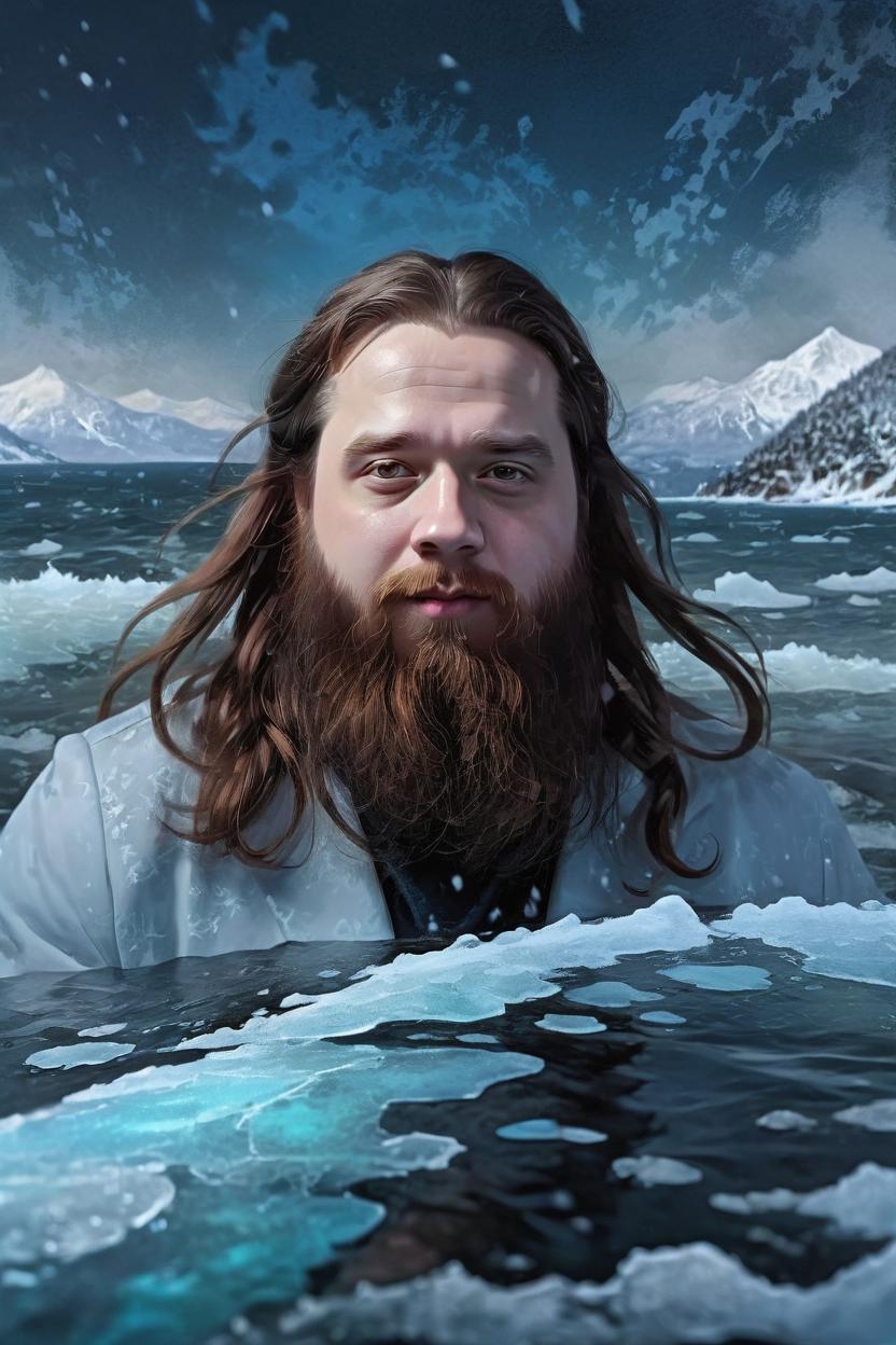 Artificial Intelligence (AI) generated image art, man, ((realistic)) majestic ice god with frozen body and flowing long hair rising from the sea, ((portrait)), by charlie bowater and zeen chin and terada katsuya, epic scene, epic light, fractals background, intricate detailed, fine details, artstation, masterpiece