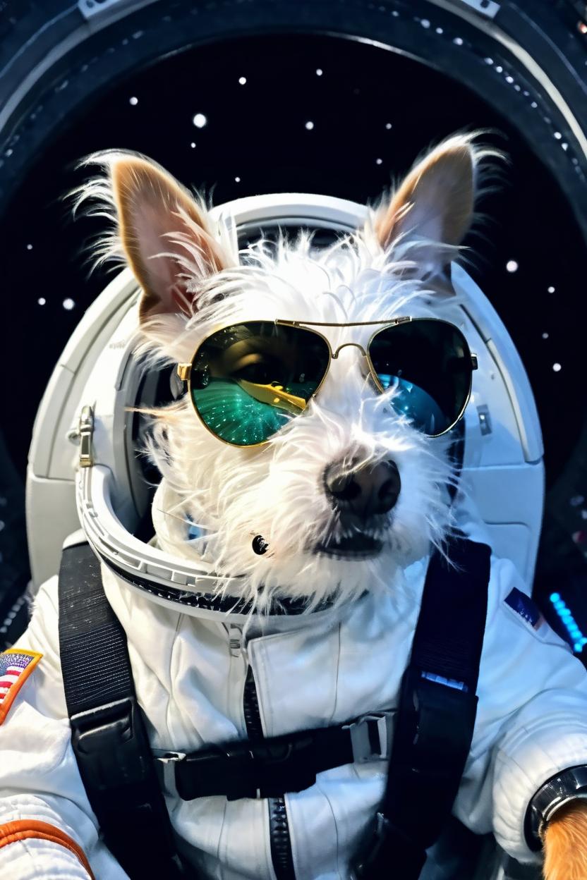 Artificial Intelligence (AI) generated image art, dog, as an astronaut, in a spaceship flying through the cosmos, wearing aviator sunglasses, with a lit cigarette in his mouth