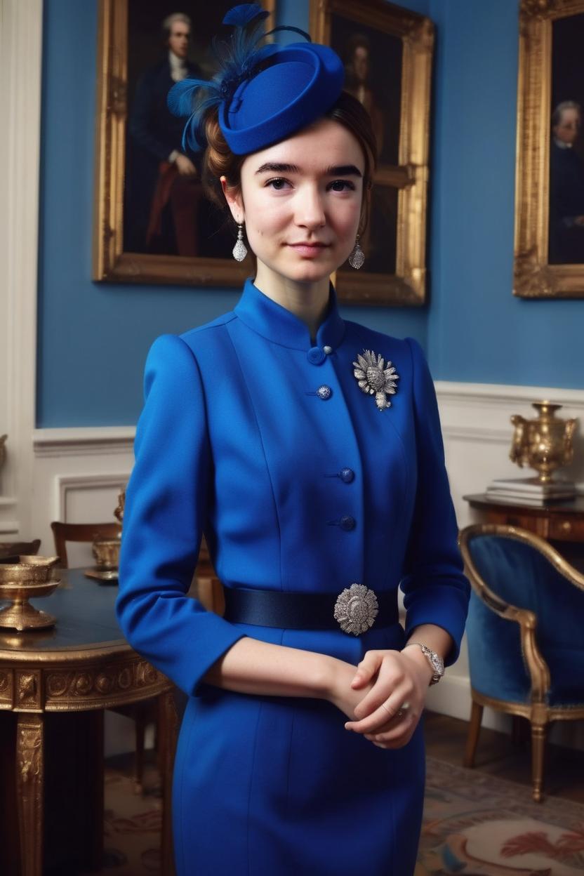 Artificial Intelligence (AI) generated image art, woman, on a royal portrait, as a member of modern-day British royalty, in a blue, monochromatic, formal outfit, wearing a matching fascinator, with her hair in an updo,