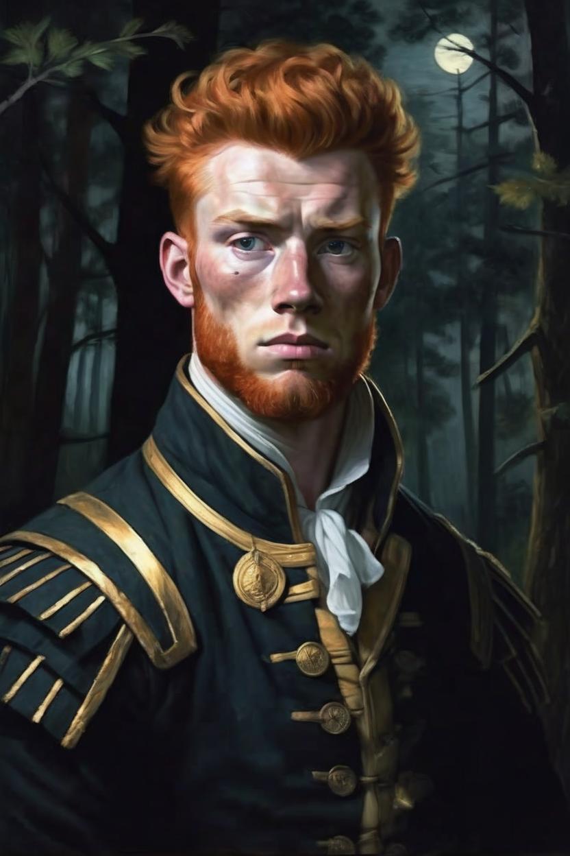 Artificial Intelligence (AI) generated image art, man standing As a 18th century warrior. In deep dark forest. Moonlight. He has ginger hair. Dark hazel eyes. He is ominous. Muscular. He is 29 years old, 5 o’clock ginger hair shadow, weary from travel. Realistic OIL PAINTING