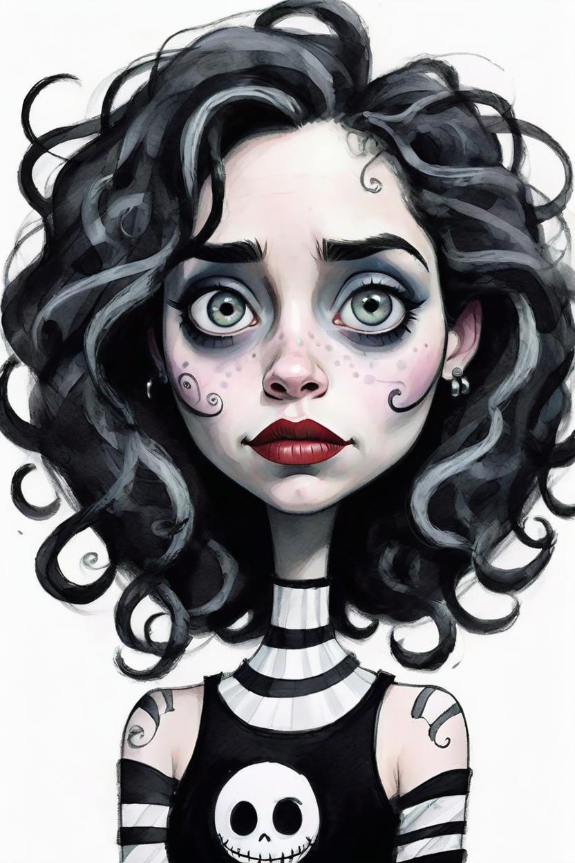 Artificial Intelligence (AI) generated image art, A cartoon portrait of woman in the style of Tim Burton