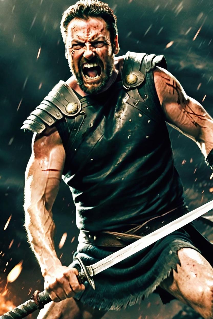 Artificial Intelligence (AI) generated image art, man, as leonidas from movie 300, frank miller style, epic battle scene, holding sword, full-body shot, screaming