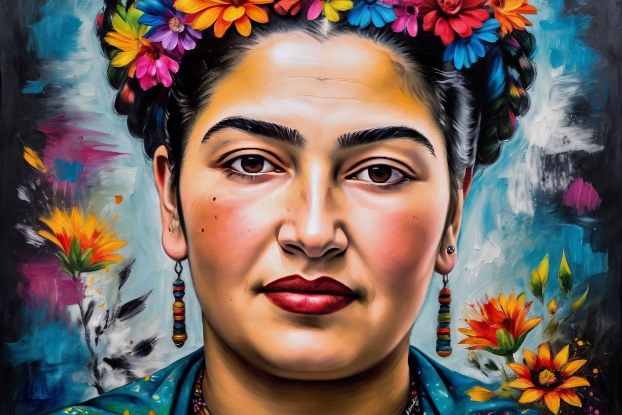 Artificial Intelligence (AI) generated image art, An impressive portrait of woman (small empty area above head) as an oil painting with very vivid colours, with clear brushstrokes and many colourful flowers as accessories, in the surrealist style of Frida Kahlo.