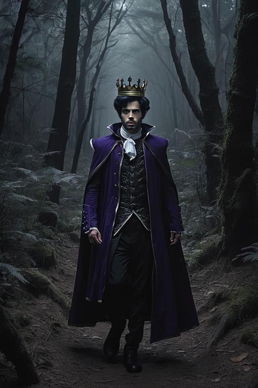 Artificial Intelligence (AI) generated image art, man, me as a prince walking through dark scary forest