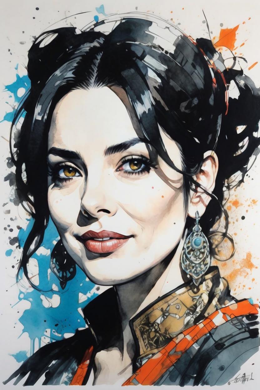 Artificial Intelligence (AI) generated image art, handsome portrait of beautiful female woman, (leave space above head), (coloured ink drawing), ((art by yoji shinkawa))